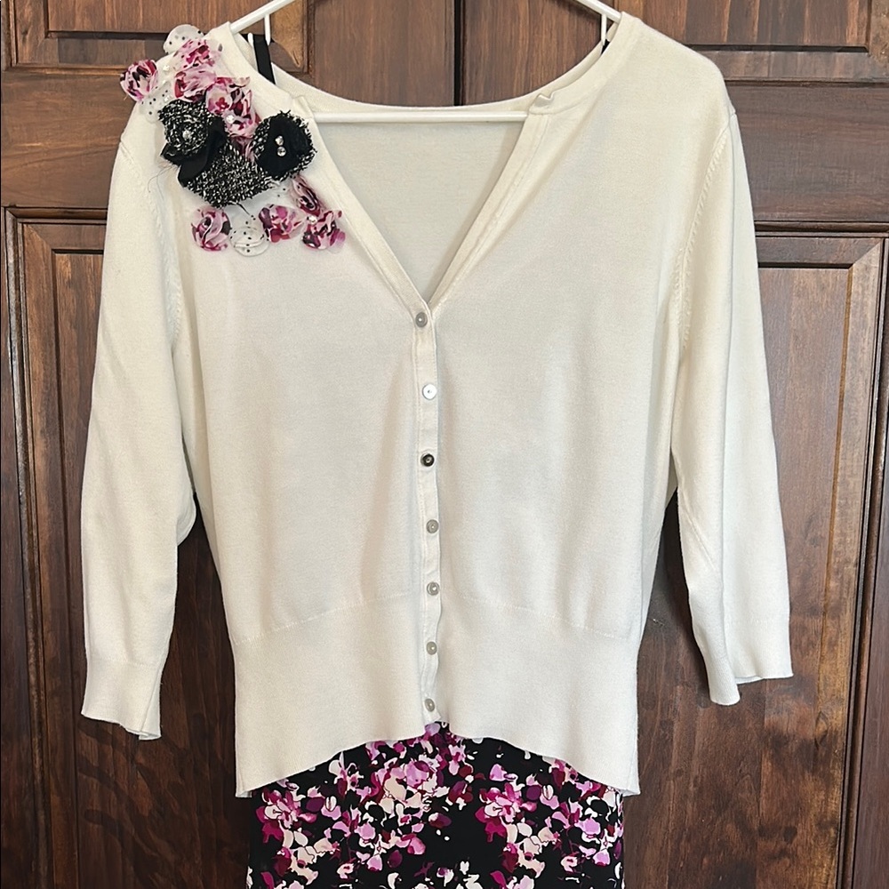 White Cardigan with Floral Embellishments
